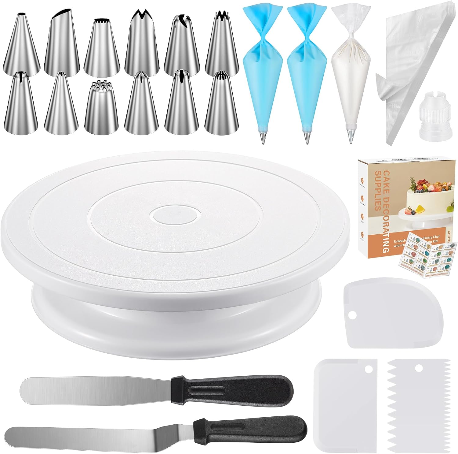 Kootek 71 Cake Decorating Kit Baking Supplies Tools for Beginners & Pros | Cake Stand Turntable, 12 Icing Piping Tips, 50+2 Disposable Reusable Pastry Bag, 2 Spatulas, Video Tutorial, Pattern Chart